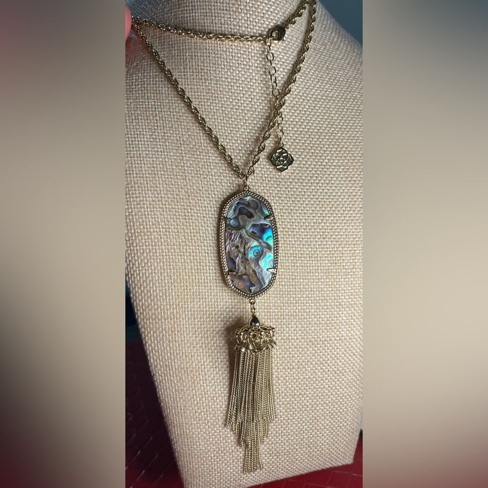 Kendra Scott Gold Layered Necklace with Iridescent Abalone Pendant and Tassel - Picture 2 of 9